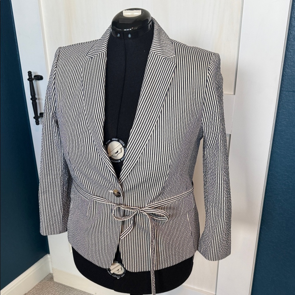 Ann Taylor Navy and White Striped Blazer with Belt and 3/4 length sleeves